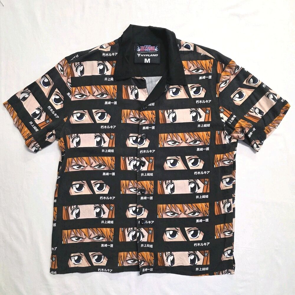 Hypland x Bleach Anime Eyes Button Up Shirt Shonen Jump Black Orange Men M
